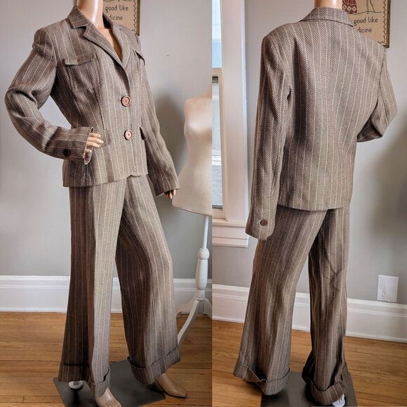 Vintage Y2K View Collection Pantsuit Knit Blazer Herringbone Office Plus Size 14 - Picture 1 of 16